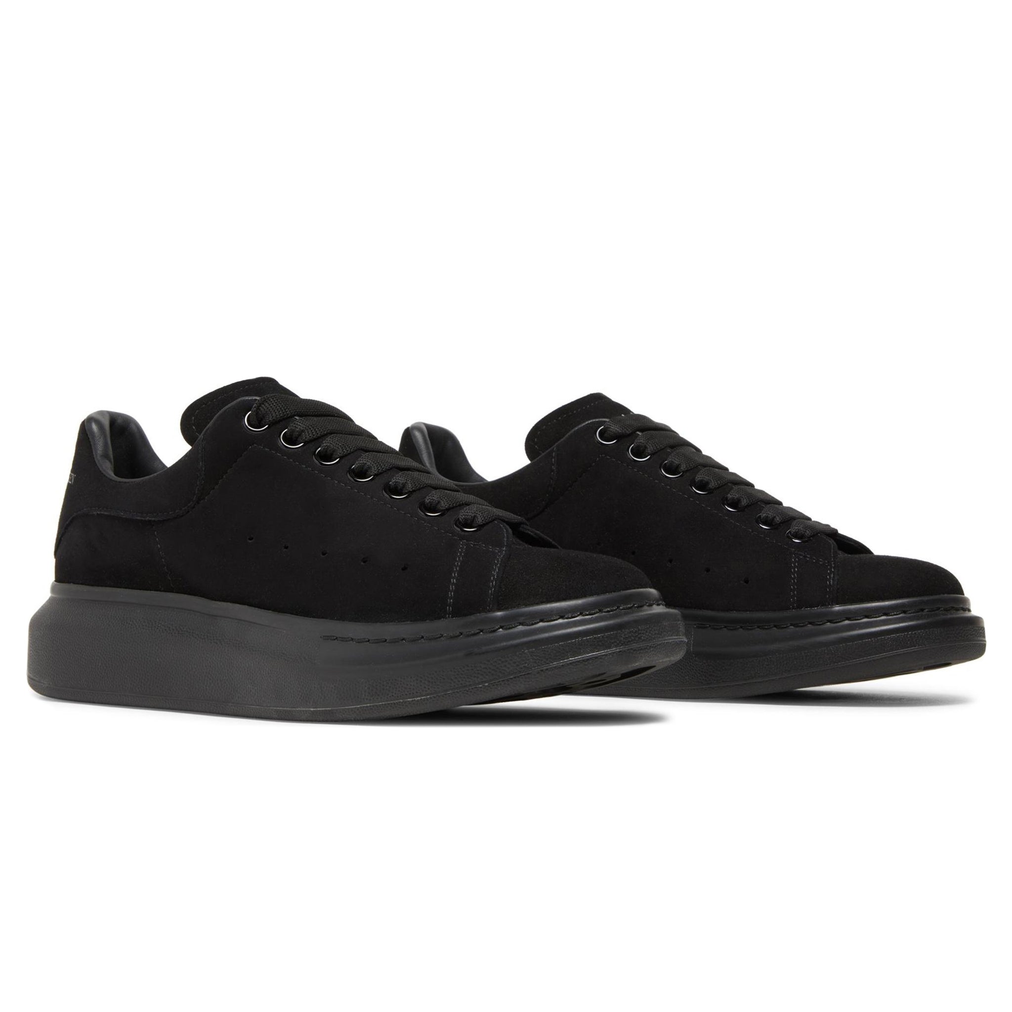 Front side view of Alexander Mcqueen Raised Sole Suede Triple Black Sneaker (W)